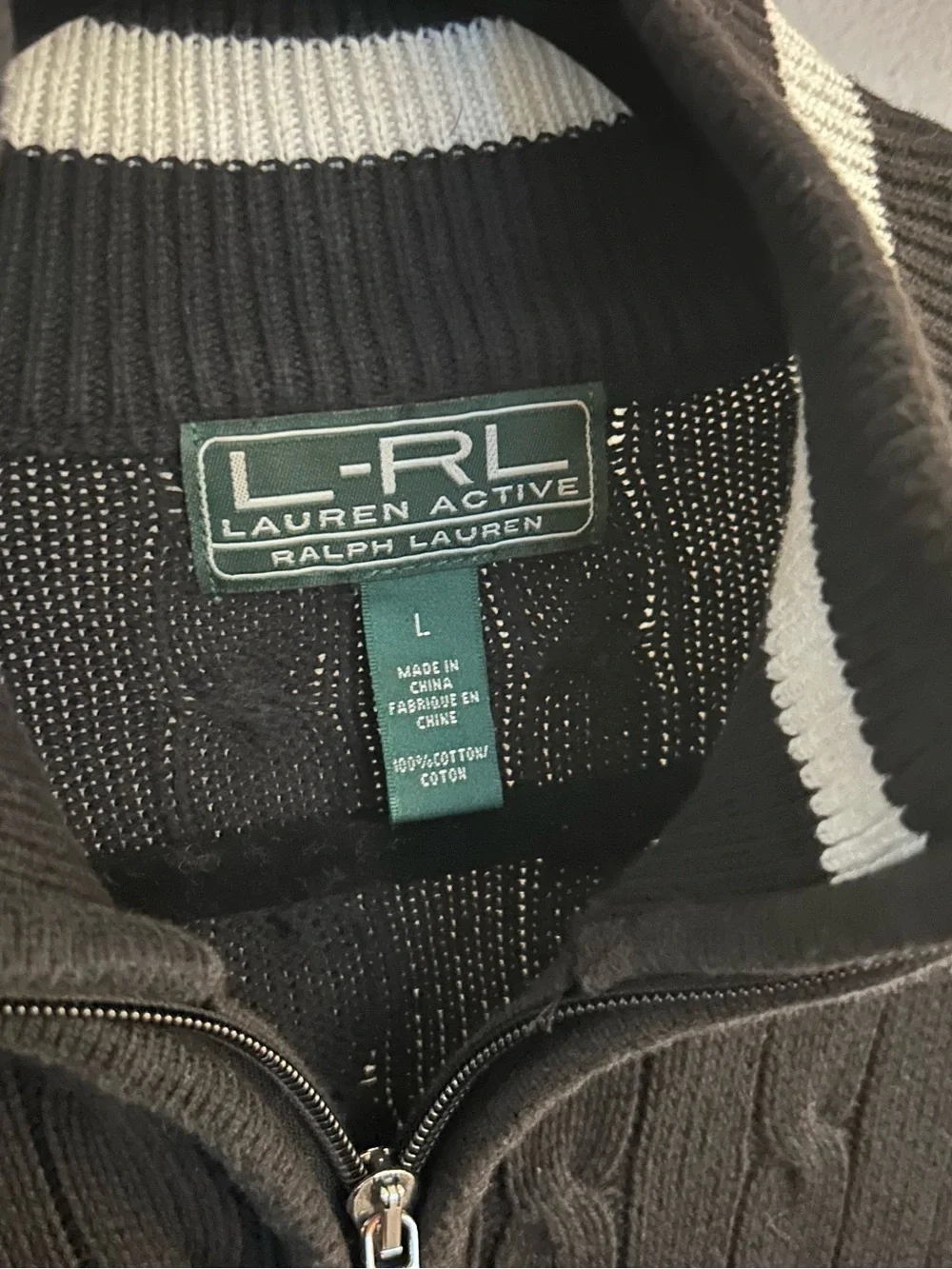 Ralph Lauren Black Knit Zip-Up Sweater with White Trim - Picture 3 of 4